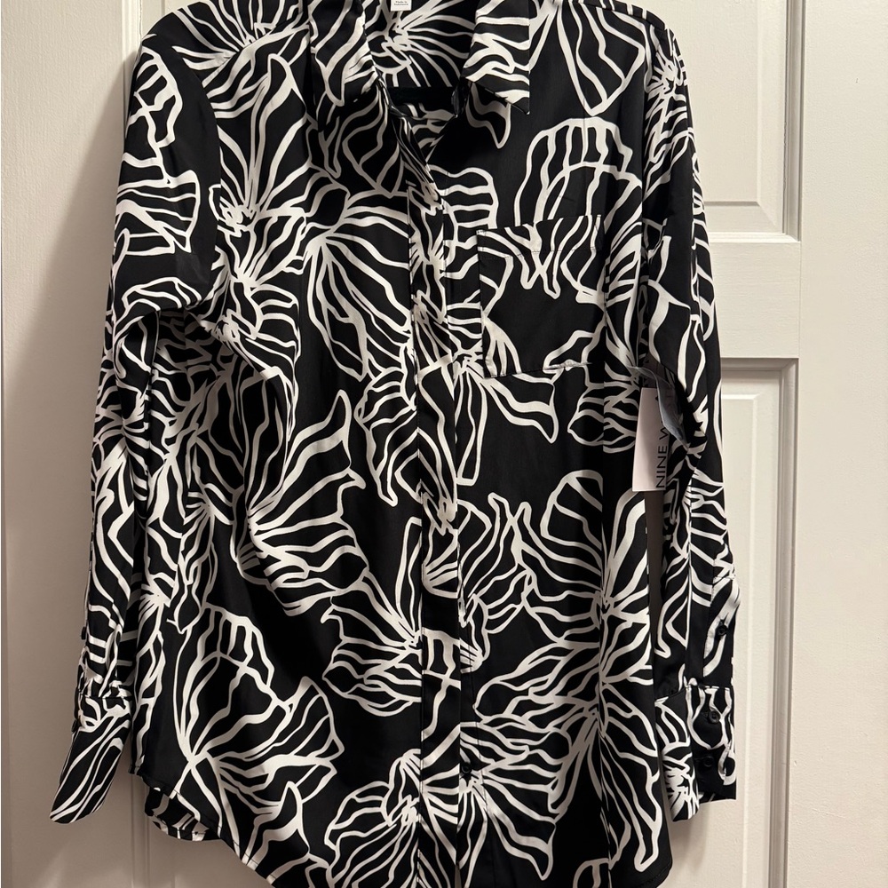 Nine West Black and White Long Sleeve Button Down Blouse